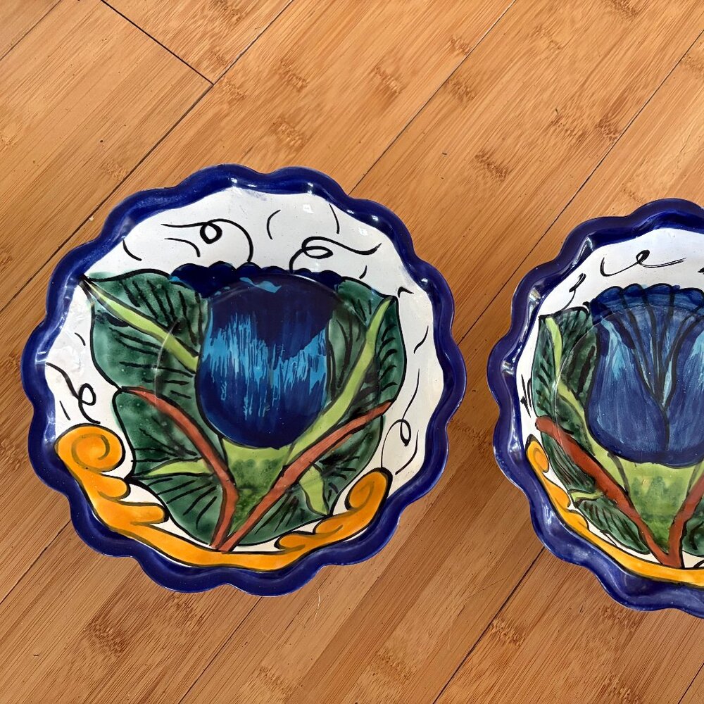 Set of 2 Mexican Hand Painted Pottery Bowls - 7.25 in